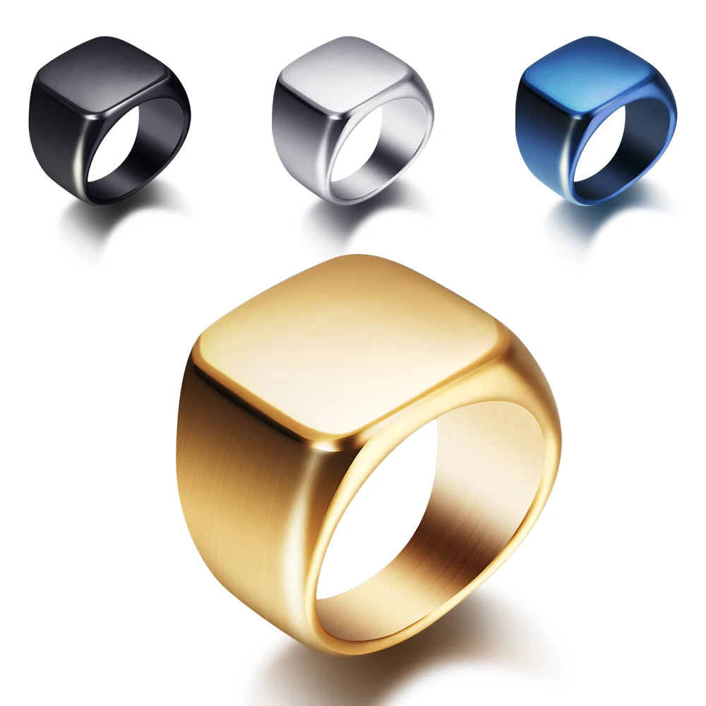 Free Engrave New Silver/Gold/Black/Blue Square Big Width Signet Rings For Men Ring Titanium Steel Jewelry