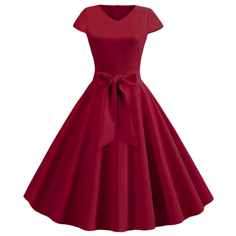 Women Summer Vintage Dress With Belt Short Sleeve V neck Elegant Retro Swing Party Dresses