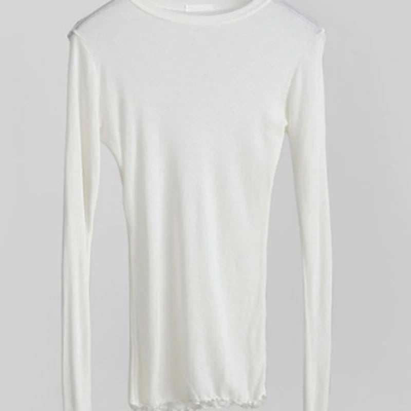 High Quality Plain T Shirt Women  Elastic Basic T-shirts Female Casual Tops Long Sleeve Sexy Thin T-shirt see through