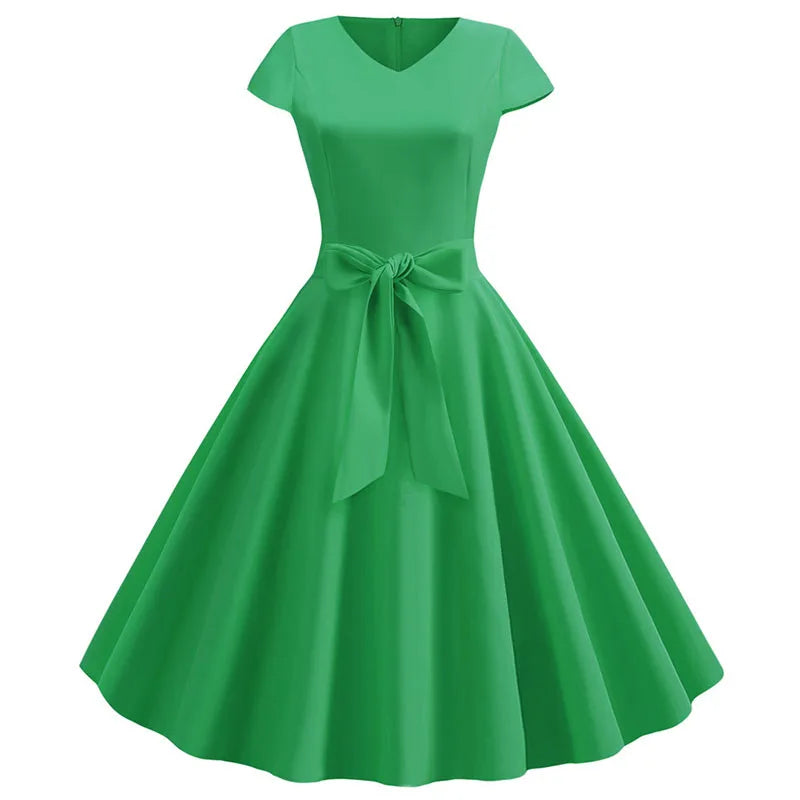 Women Summer Vintage Dress With Belt Short Sleeve V neck Elegant Retro Swing Party Dresses