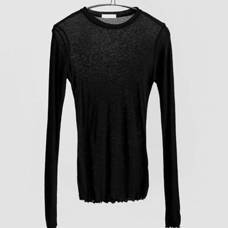 High Quality Plain T Shirt Women  Elastic Basic T-shirts Female Casual Tops Long Sleeve Sexy Thin T-shirt see through