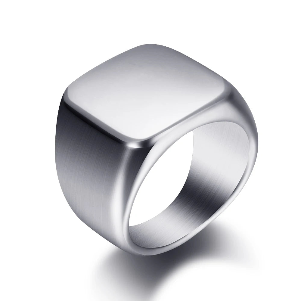 Free Engrave New Silver/Gold/Black/Blue Square Big Width Signet Rings For Men Ring Titanium Steel Jewelry