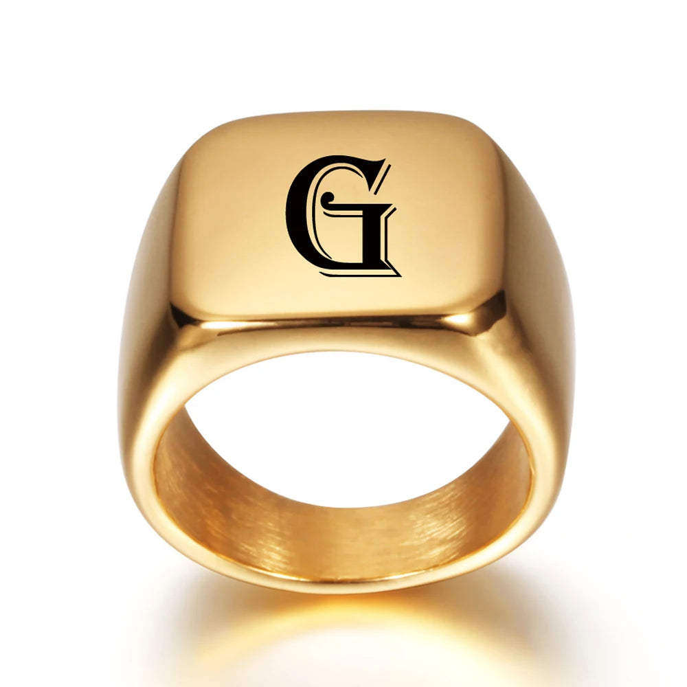 Personalised Initial Engrave A to Z Alphabet Stainless Steel Signet Blank Plain Ring Band High Polished Gold Color Tone U.S.Size