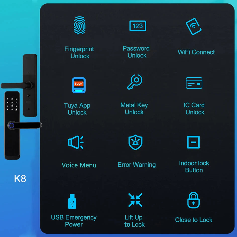 RAYKUBE K8 Smart Door Lock TTlock Bluetooth / Tuya Wifi Fingerprint Password 13.56MHZ IC Card Keyless Smartlife Home