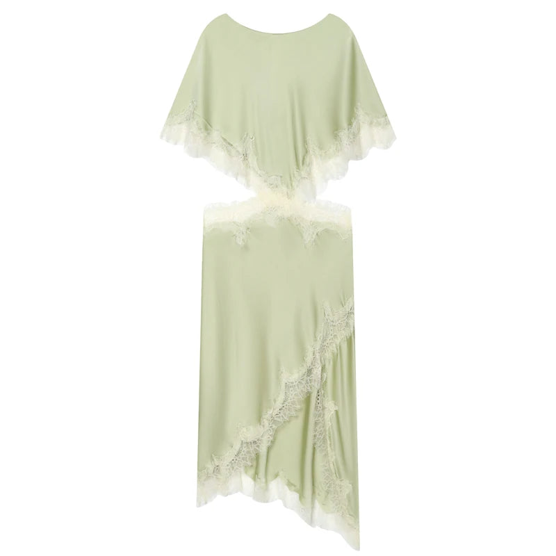 HXAO Asymmetric Satin Lace Dress Women's Dress Summer 2026 Sexy Midi O-Neck Batwing Short Sleeve Cut Out Vestidos Party Dresses