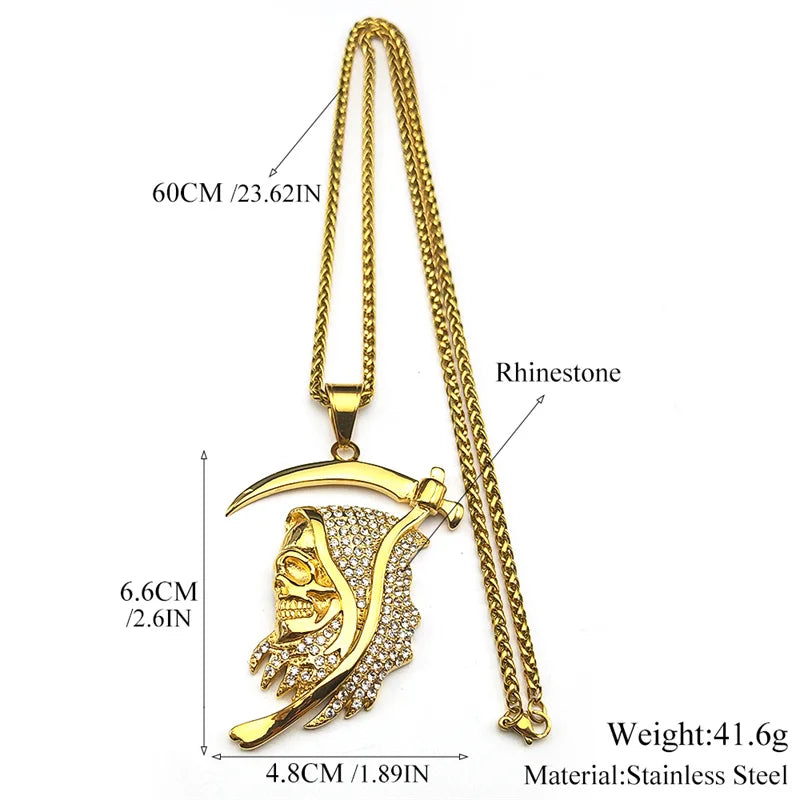Stainless Steel Rhinestones Saint Death Santa Muerte Grim Reaper Pendant Necklace for Women Men Gold Plated Sickle Skull Jewelry