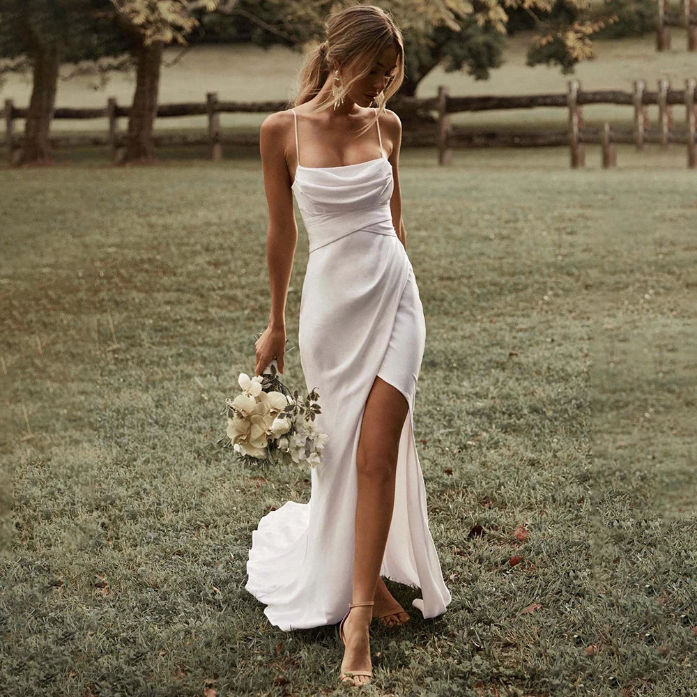 Customized Simple Mermaid White Wedding Dresses Spaghetti Straps High Slit Satin Backless Plain Bridal Gown Sweep Train Vestidos