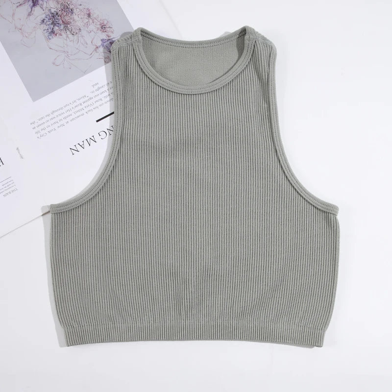 CHRLEISURE Sport Bra Women Rib-Knit Yoga Vest Round Neck Athletic Crop Top Seamless Elastic  Push Up Underwear without Pad
