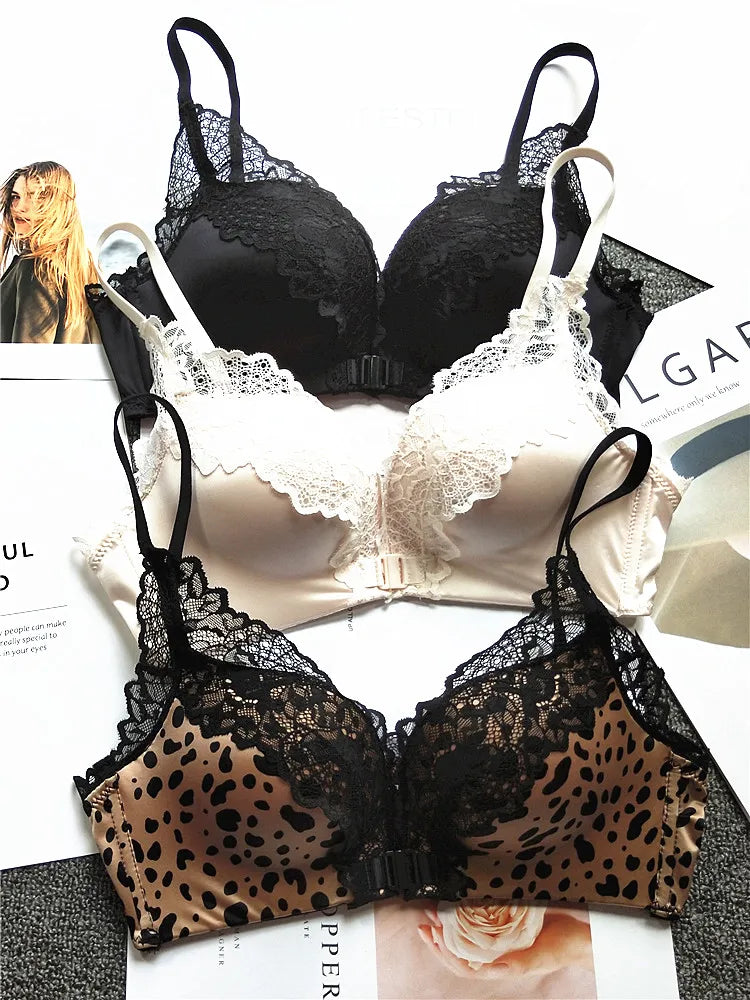 MOYISU Front Closure Bralette Panty Set Women Push-Up Enhancer Small Chest Wireless Leopard Trim Adjustable Straps Girly Allure