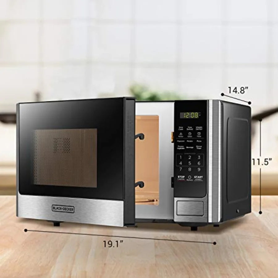 Digital Microwave Oven with Turntable Push-Button Door, Child Safety Lock, Stainless Steel, 0.9 Cu Ft