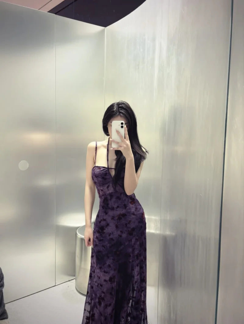 ETJ Women Purple Floral Embroidered Maxi Dress Sheer Mesh Backless Strappy V-Neck Long Summer Evening Dress 2026