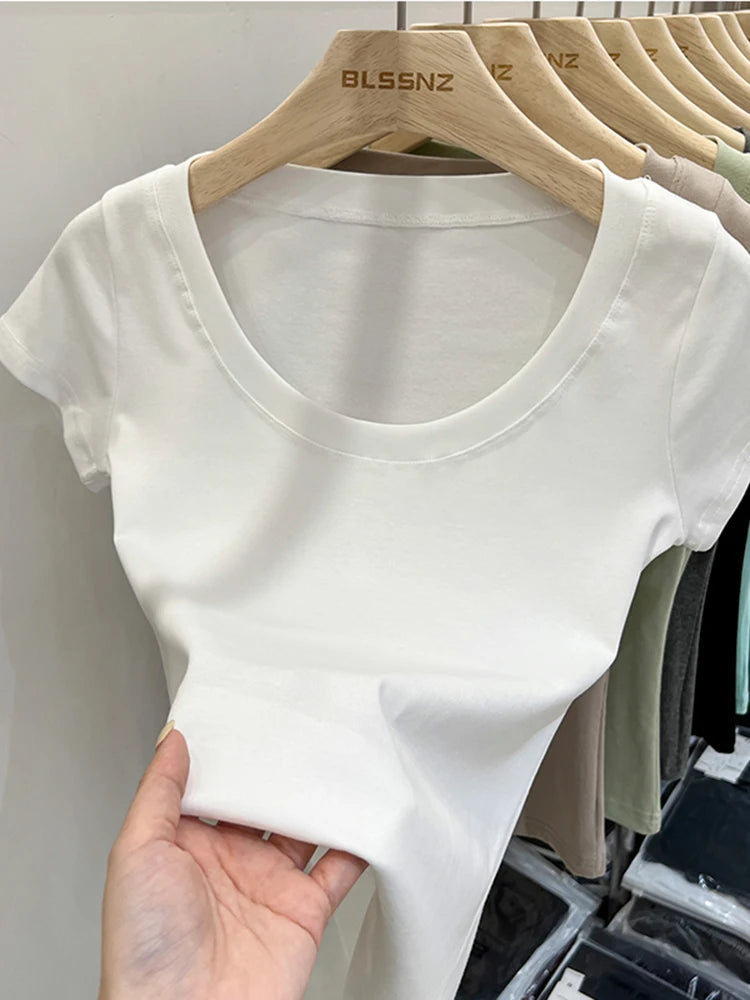 2026 Sexy Square Collar Slim T Shirt Women Cotton Elastic Basic Solid Female Casual Tops Short Sleeve Thin T-shirts See Through