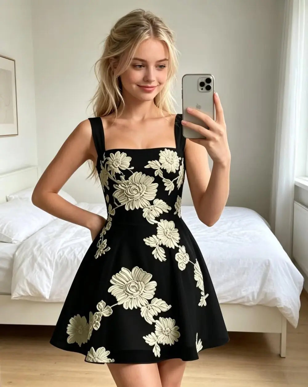 Square Neck Short Embroidery Lace A-Line Mini Floral Tulle Homecoming Dresses Formal Graduation Cocktail Gown Evening Gown