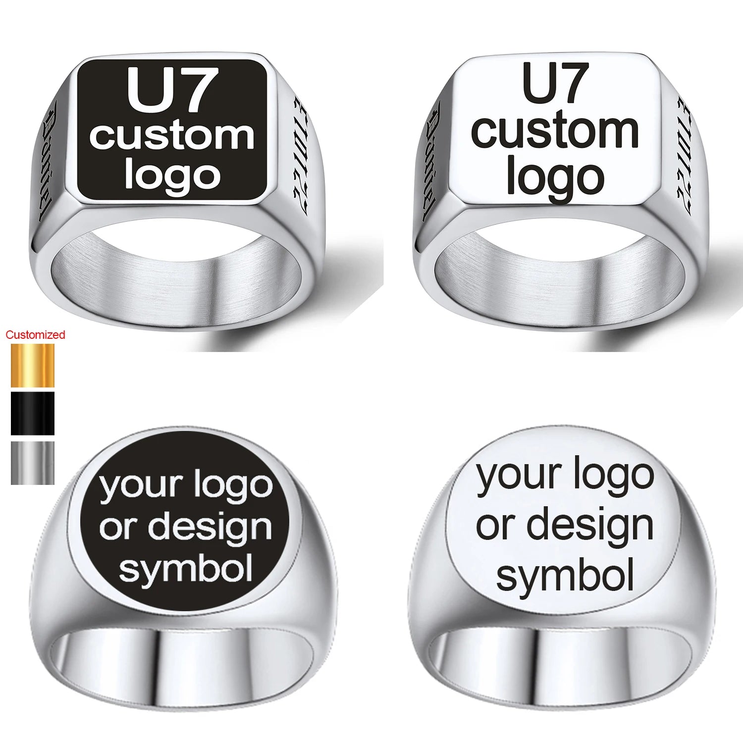 U7 Custom Stainless Steel Round Square Rings for Man Relief Deep Engrave Black White Vector Design Logo Brand Rings Jewelry Gift