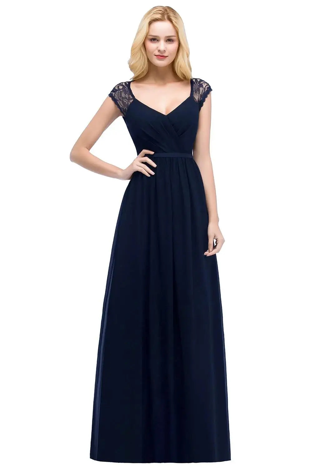 Black Lace Chiffon Evening Dresses For Women V Neck Backless Cap Sleeve Burgundy Navy Blue Formal Wedding Party Gowns Vestidos