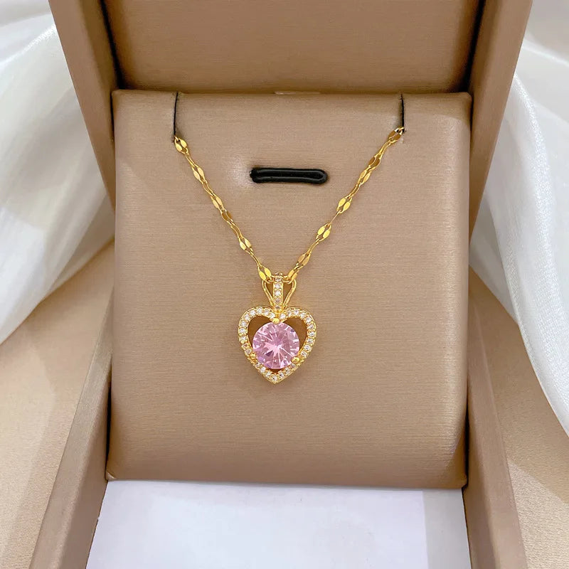 Trendy Heart Stainless Steel Zirconia Necklaces For Women Girls Love Gold Color Metal Necklace Party Birthday Daily Jewelry