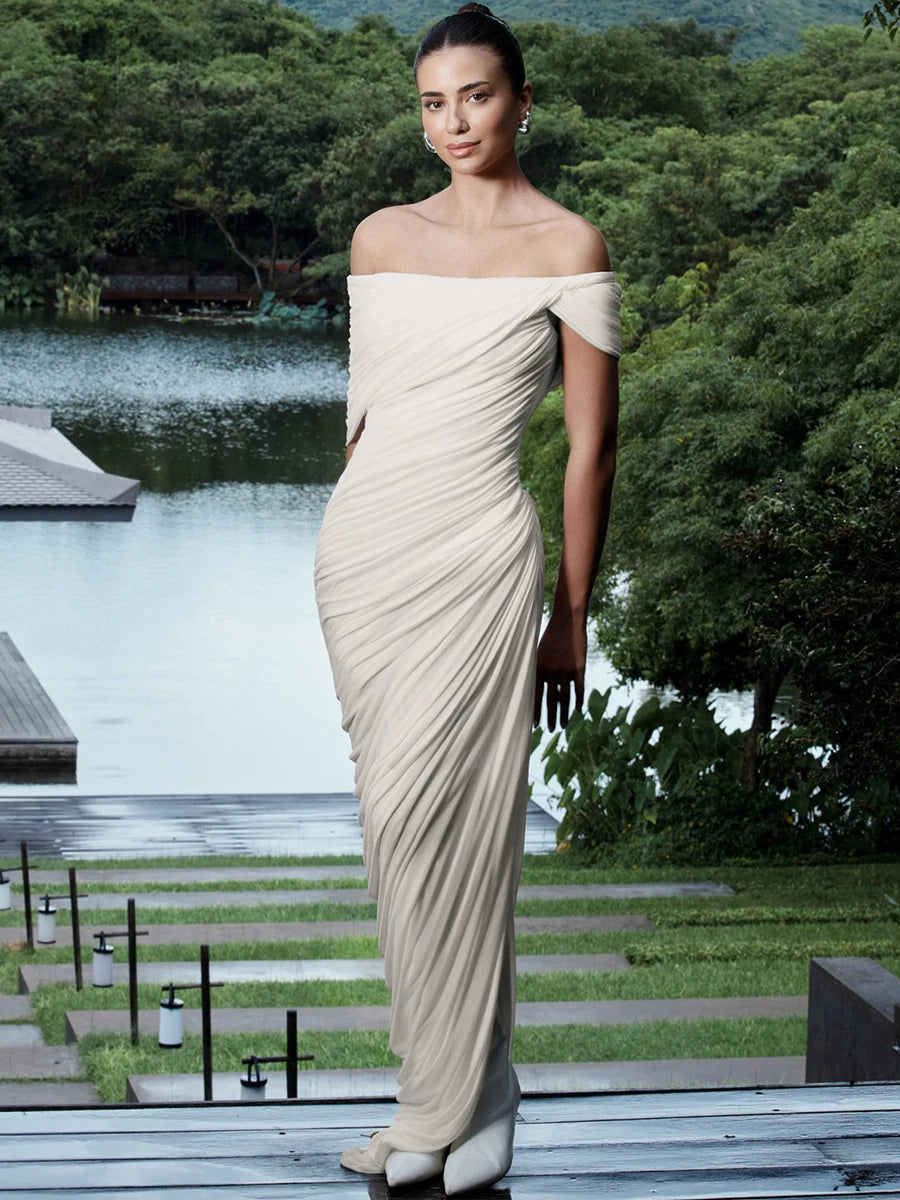 Weird Puss Classic Pleat Maxi Dress Women Lapel Irregular Split Slash Neck Sexy Elegant Stretch Skinny Evening Dating Bodycon 99