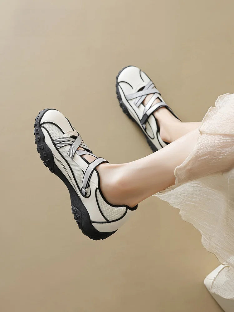 [Agsdon] Sporty Mary Jane Women's Shoes Breathable Silver Deoxynucleotide Ballet Flat Casual Fashion Cross Buckle Low Top Shoes