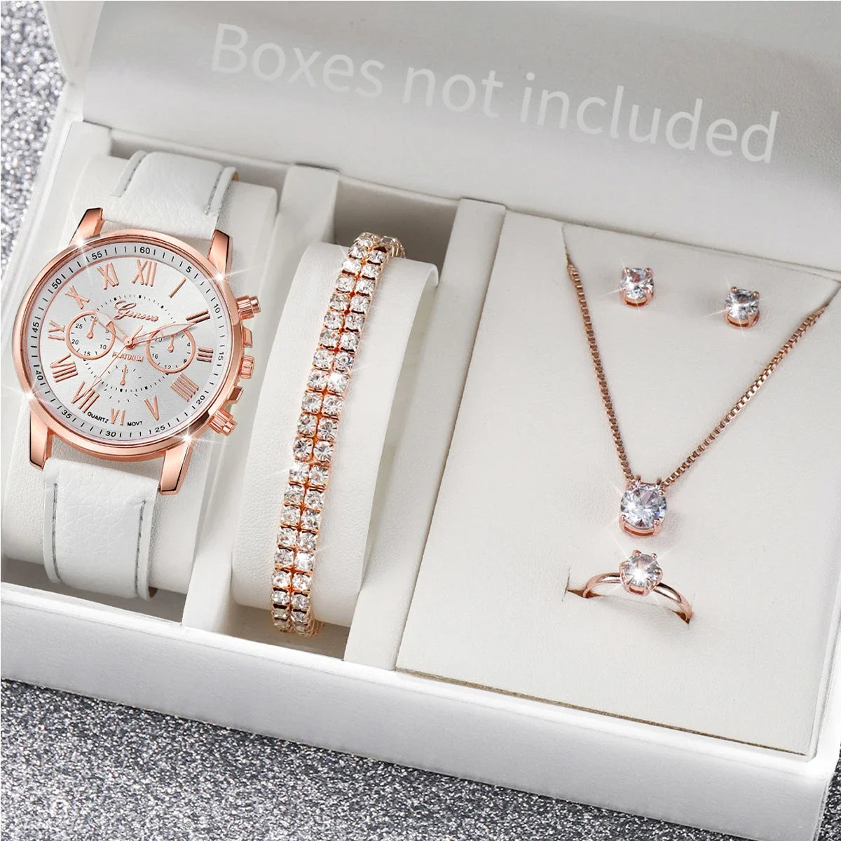 Rose Gold White Leather Ladies Watch Set Chronograph Clock Cubic Zirconia Bracelet Necklace Earrings Ring Jewelry Kit For Women
