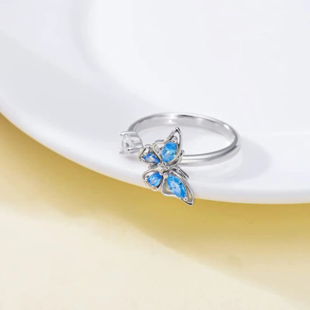 SMJEL Flower Shiny Rhinestone Rotatable Fidget Spinner Ring for Women Anti Anxiety Butterfly Animal Design Anti Stress Accessory
