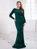 Romagic Women Royal Blue Formal Evening Party Dress Elegant Long Sleeve Stretch Velvet Sequin Mermaid Wedding Gown Dresses 2025