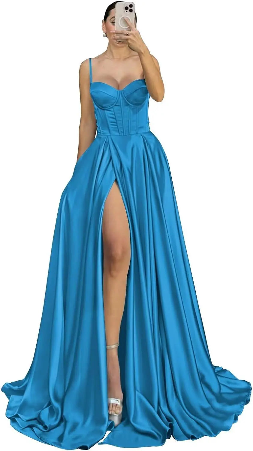 Satin Prom Dresses 2026 Spaghetti Straps Sweetheart Evening Gown for Women Formal Long Ball Gown Party Dress Elegant