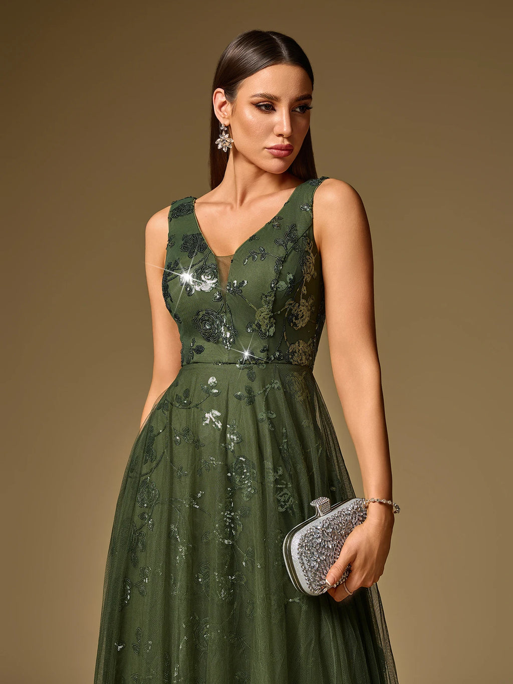 New Formal Evening Gown V-Neck Sleeveless Sequin Embroidery Long Party Dress Wedding Bridesmaid Dress