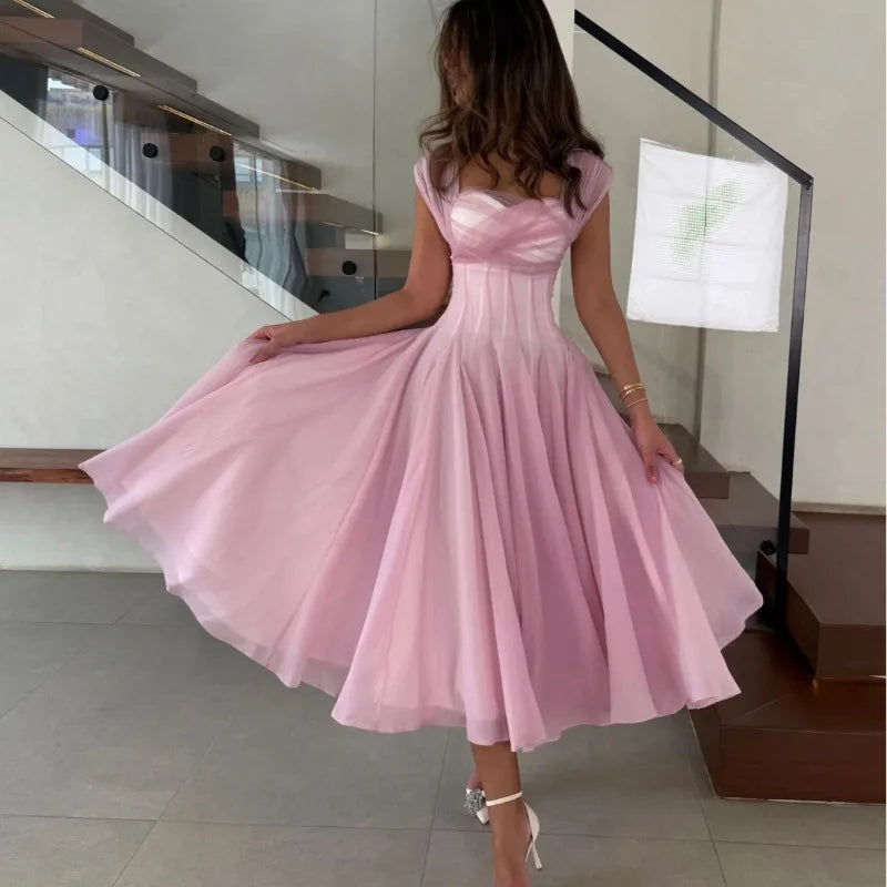 Women's Elegant Tulle Formal Dress Summer Sexy Square Neck Corset Waist A-Line Tea-Length Gown for Wedding Cocktail Party 5