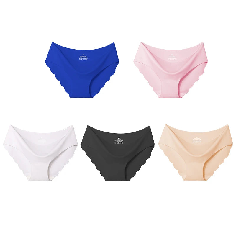 5PCS Women's Summer Ultra-Thin Ice Silk Underwear Seamless Comfort Large Size Briefs Solid Color Wave Underpants Female Lingere