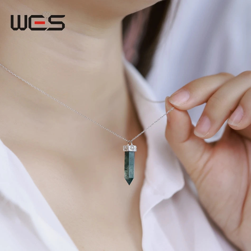 WES 925 Sterling Silver Natural Moss Agate Pendant Necklace For Women Boho Vintage Fine Jewelry Engagement Birthday Party Gift