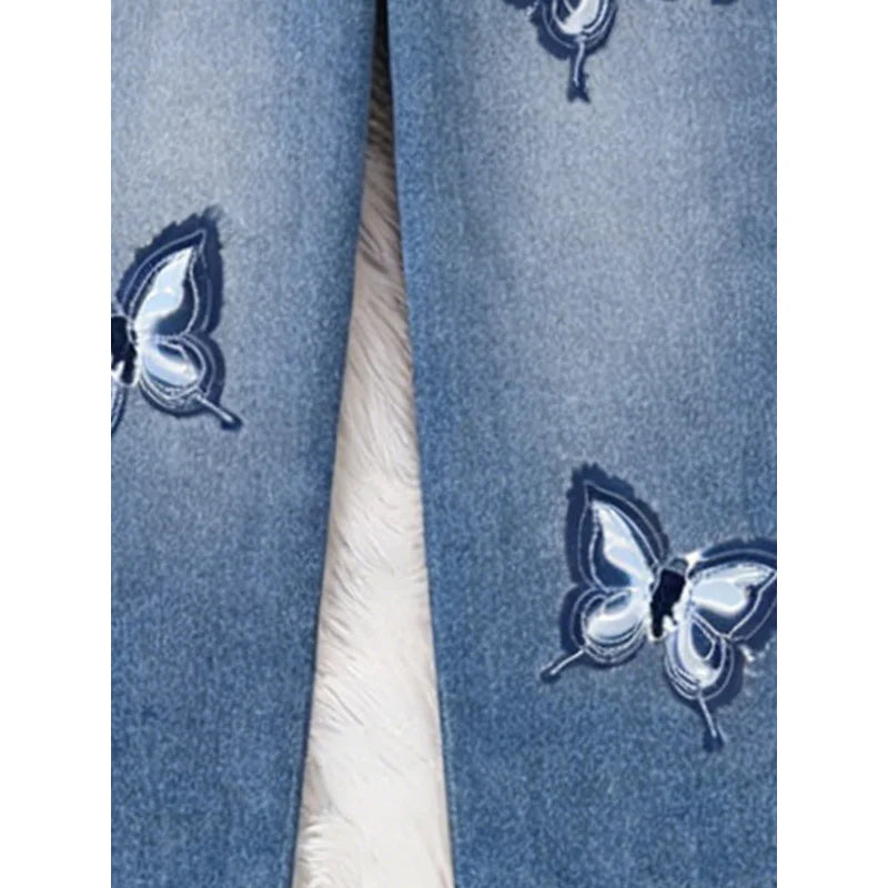 2026Children's Butterfly Embroidered Dark Blue Imitation Denim Straight Pants
