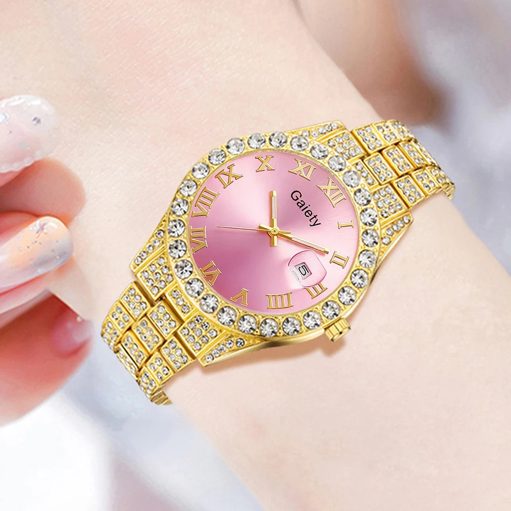 2PCS Luxury Women's Watch Set Fashionable and Elegant Diamond Elements with Calendar Quartz Watch Bracelet Set Perfect Gift