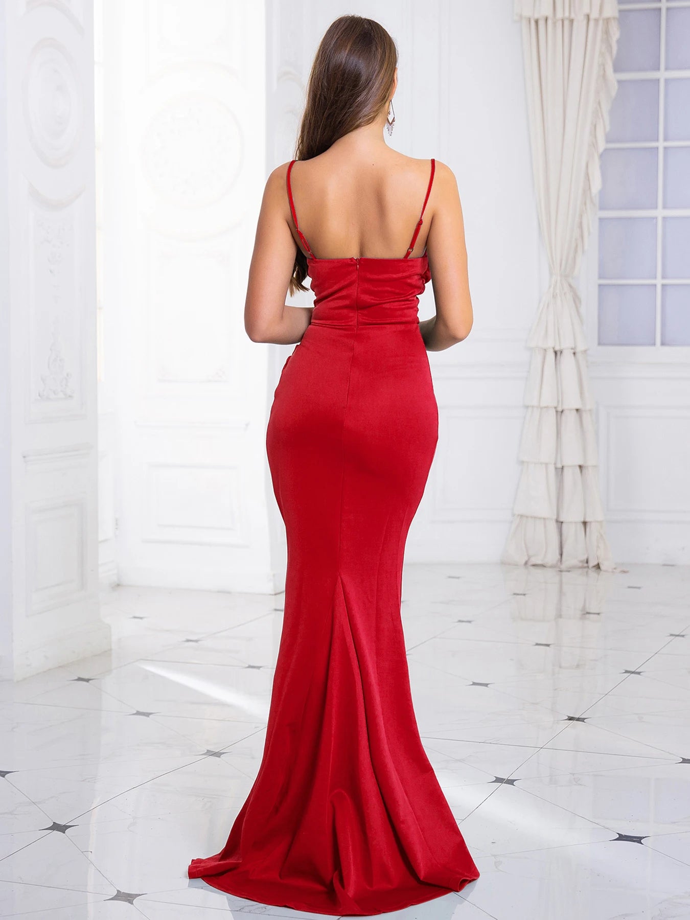 Romagic Red Wedding Party Dress Sleeveless Spaghetti Strap V Neck Green Split Pleated Blackless Long Mermaid Evening Prom Gown