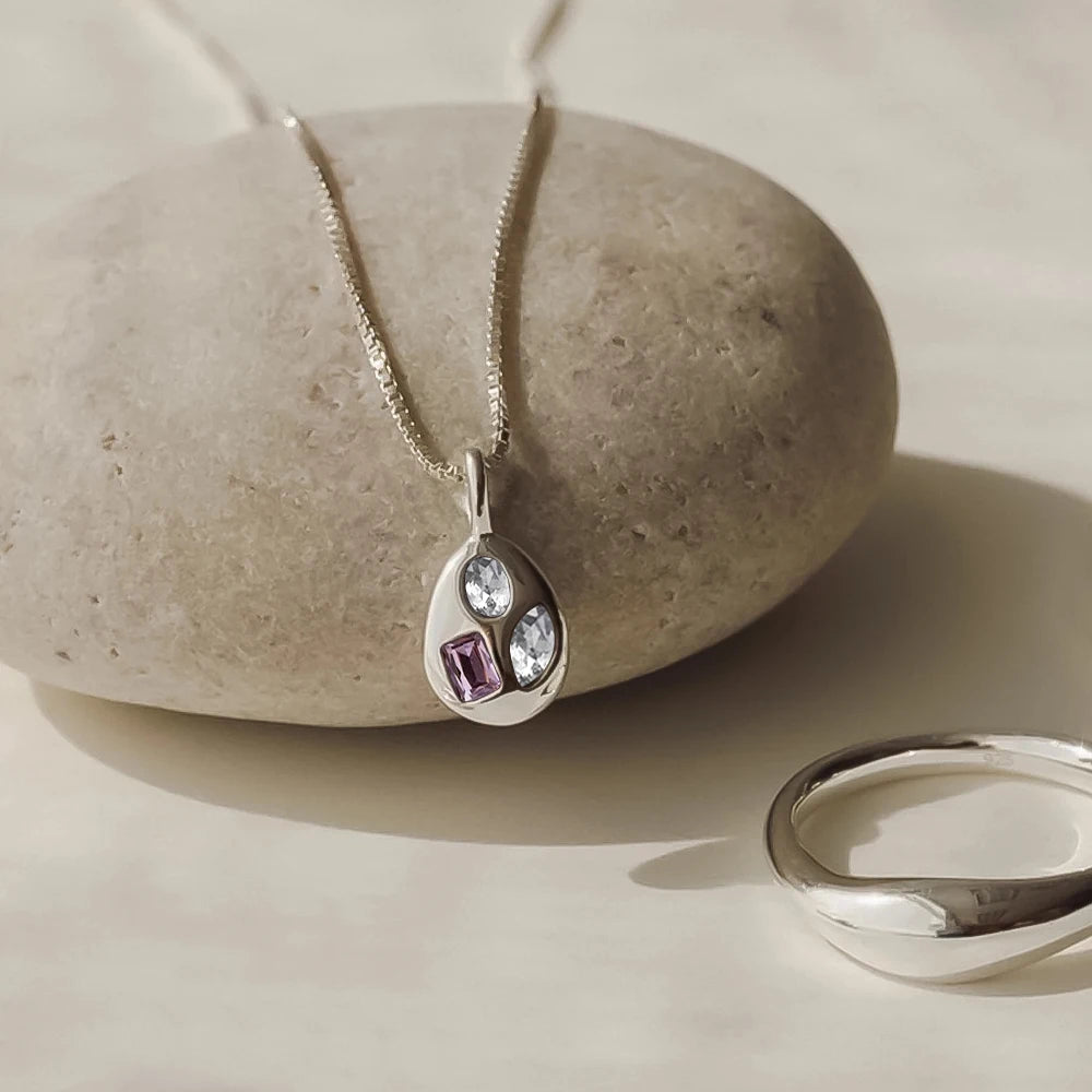 EManco Stainless Steel Teardrop Pendant Necklace with Mixed Purple and Clear Cubic Zirconia Minimalist Style for Daily Commute
