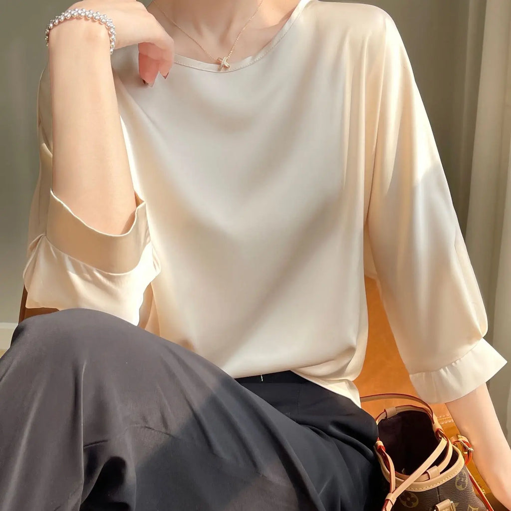 2026 New In Summer Satin Silk Half-Sleeve Tee Tops Basic Solid Women‘s T-Shirt Casual O-neck Thin Shirts Ladies Loose Blouses