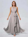 BABYONLINE Simple Boho Evening Dress Halter Neckline Key-Hole Top Long Maxi A-line Chiffon Skirt Formal Party Women Clothes