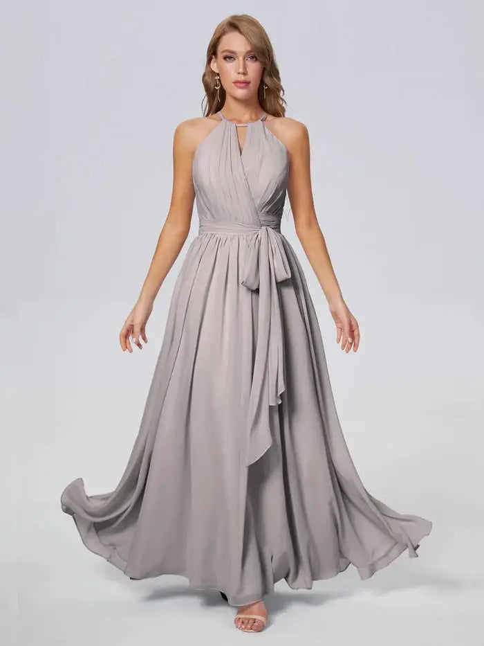 BABYONLINE Simple Boho Evening Dress Halter Neckline Key-Hole Top Long Maxi A-line Chiffon Skirt Formal Party Women Clothes