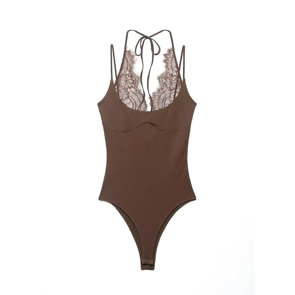 Ladies Sexy Slim Bodysuits Women Chic Lace Partwork Sleeveless Fashion Backless Sling Tops Newest Casual Playsuit Outfits Female