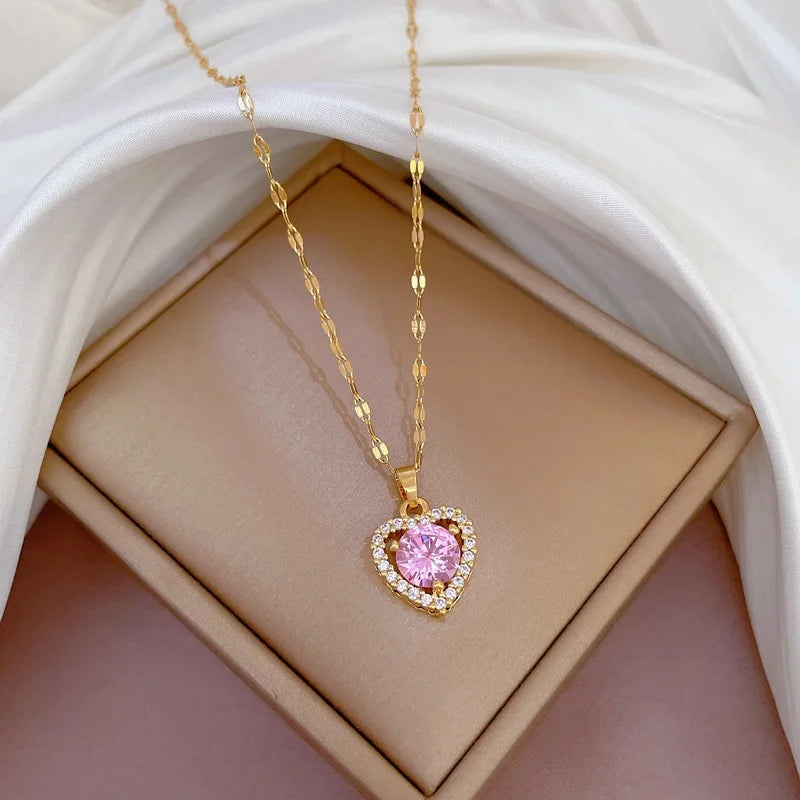 Trendy Heart Stainless Steel Zirconia Necklaces For Women Girls Love Gold Color Metal Necklace Party Birthday Daily Jewelry