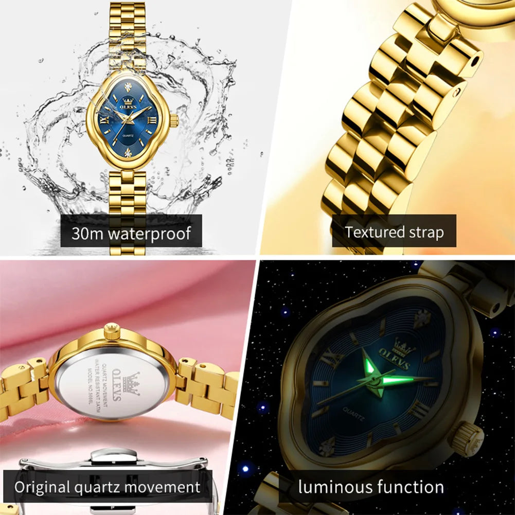 OLEVS Brand New Women's Quartz Watch Fashion Leisure Simple Luxury Gold Stainless Steel Strip Wristwatch for Ladies Gift Clock
