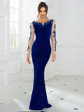 Elegant Lace Sequined Velvet Long Evening Dress Backless Hollow Out Full Sleeved Prom Wedding Party Gown