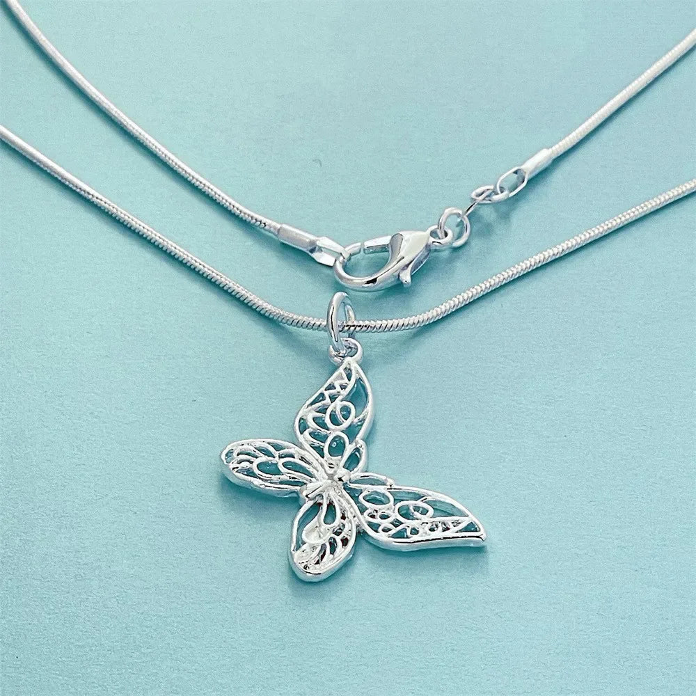 Fashion kpop 925 Sterling Silver Butterfly Necklace 18/20/22/24/28/30 inch Snake Chain For Women Wedding Engagement Jewelry
