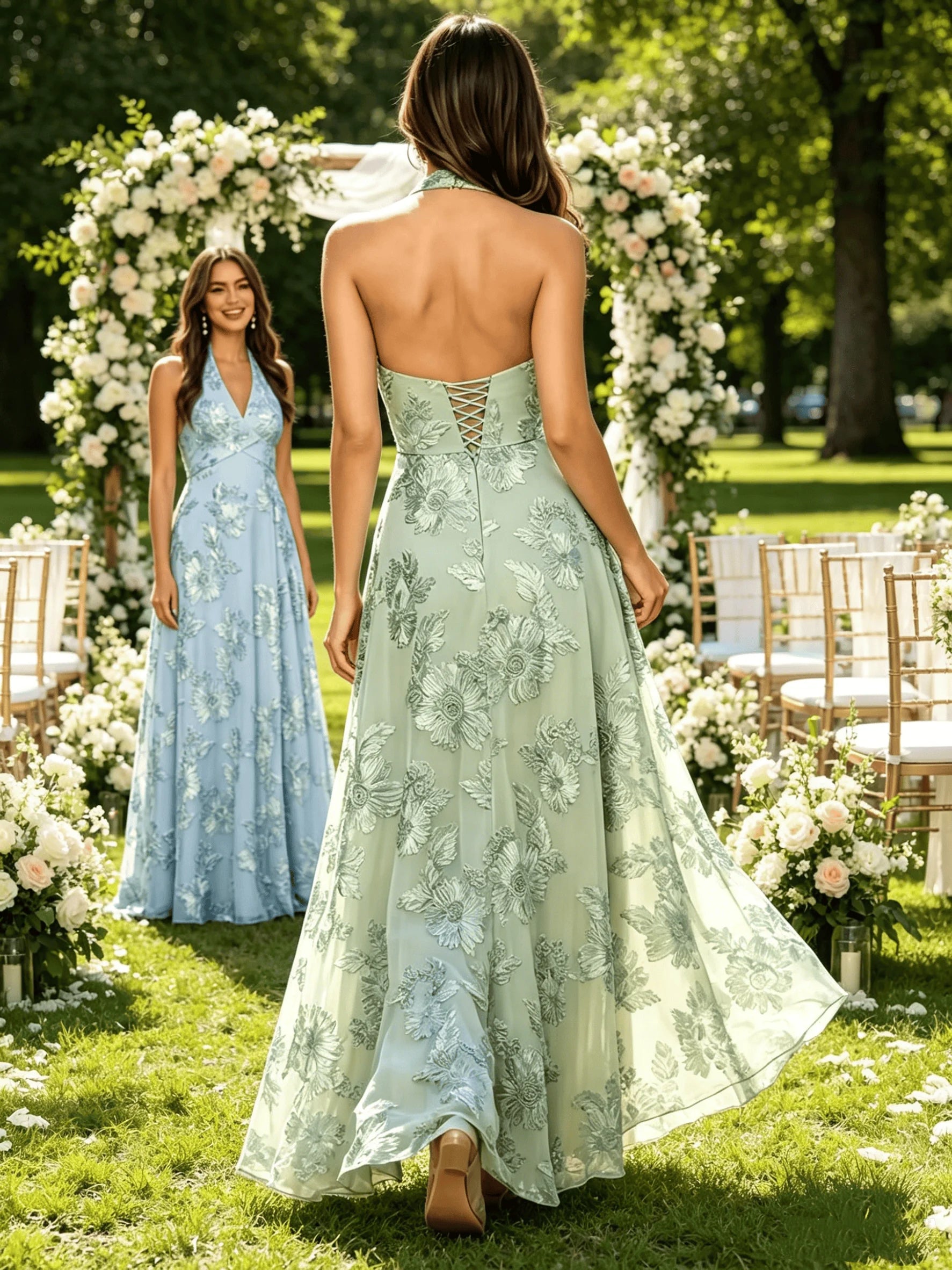 Halter V Neck Floral Lace Appliques Maxi Formal Dresses A Line Long Evening Gowns for Women Beach Wedding Guest Prom Party