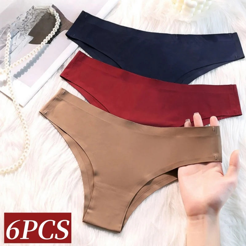6Pcs/Set Ice Silk Panties Women Seamless Underwear Brazilian Underpants Low Waist G-string Female Solid Color Ultra-thin Briefs
