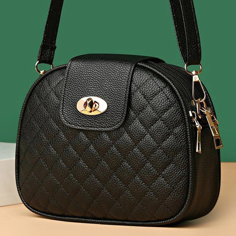 Gentle Compact Quilted Oval Crossbody Bag, Lightweight PU Shoulder Bag with Multi-layer Zipper Storage Space