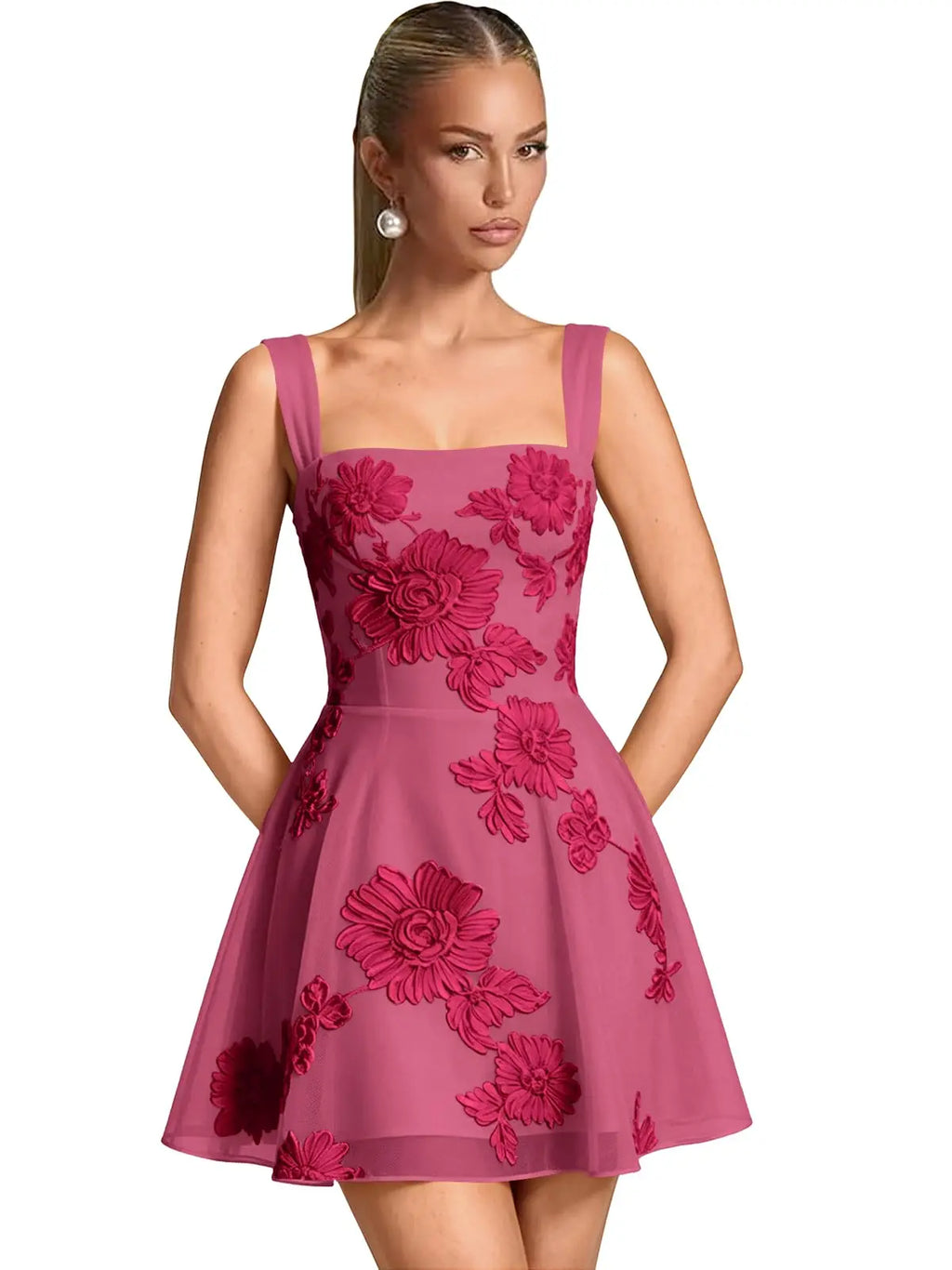 Square Neck Short Embroidery Lace A-Line Mini Floral Tulle Homecoming Dresses Formal Graduation Cocktail Gown Evening Gown