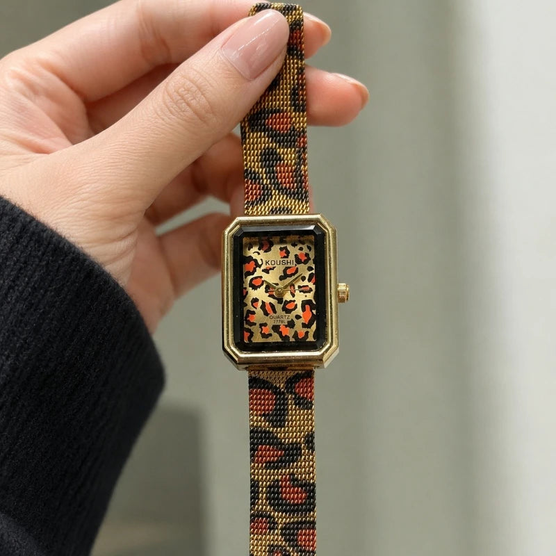 Vintage Leopard Print Square Women Quartz Watch Luxury Steel Mesh Band Ladies Wristwatch Fashion Jewelry Gift for Women Girls