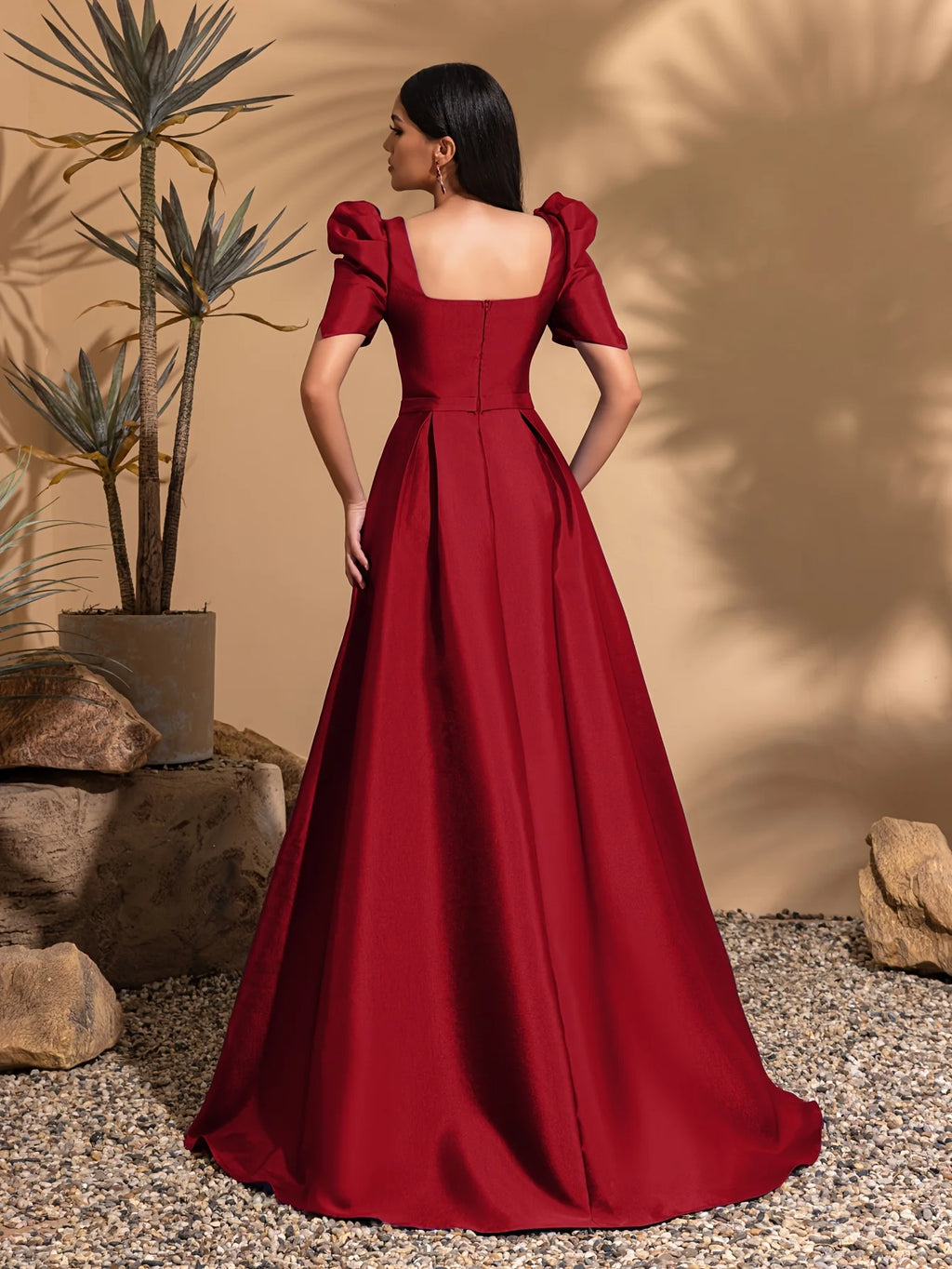 Square neck princess sleeve satin slit gown, pleated lace trim party dress