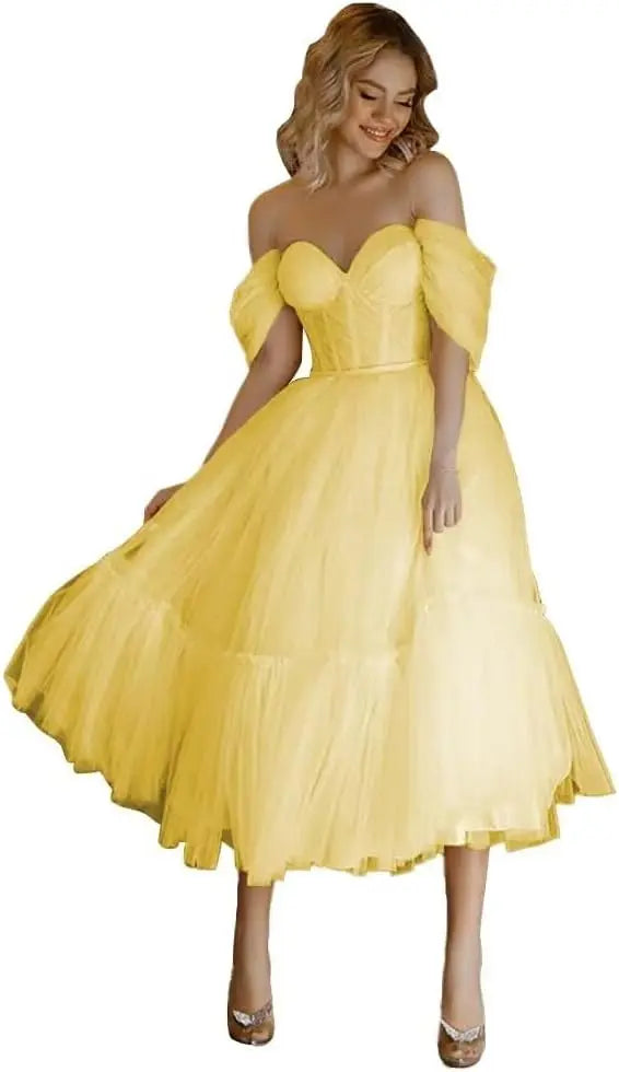 A Line Tulle Cocktail Party Prom Dresses for Women Off The Shoulder Tea Length Puffy Formal Evening Gowns Wedding Ball Gowns