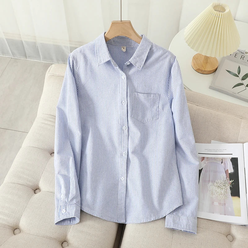 Casual Cotton Women's Oxford Shirt 2026 Autumn New Good Quality Woman Blouse and Tops Lady White Blue Striped Shirts Clothes